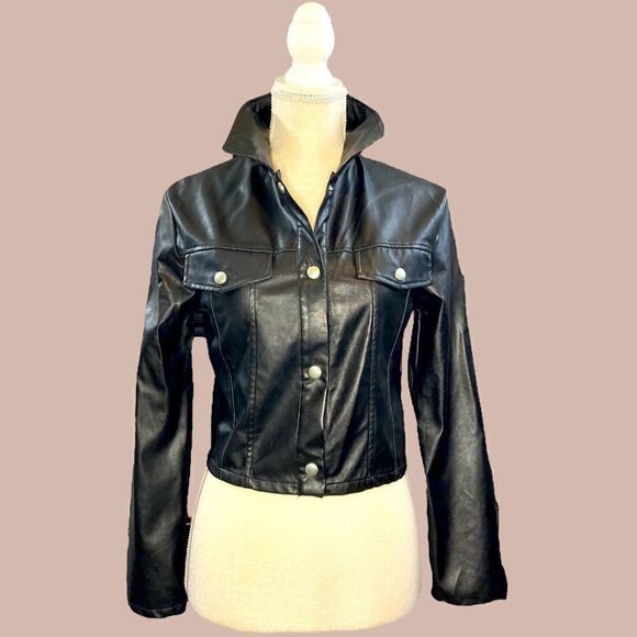 Black Faux Leather Cropped Button Down Lightweight Jacket - Picture 1 of 13